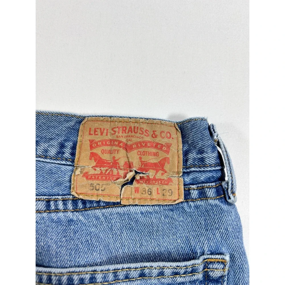 Levis 505 Regular Fit Jeans Mens 36x29 Blue Denim Distressed Workwear Stained